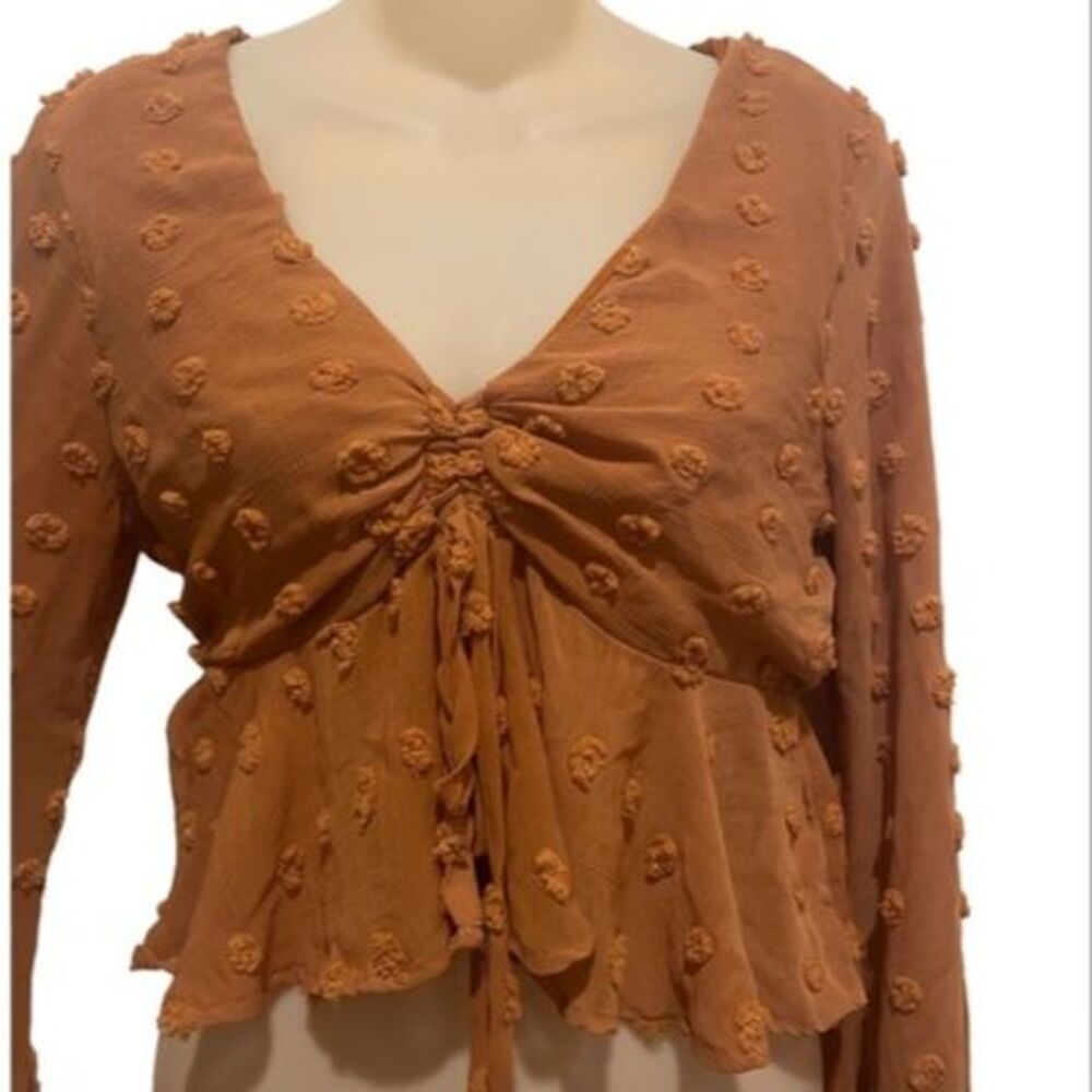 Altar’d State Lined Flowy Cropped Top Bell Sleeves Size Small Mustard Boho